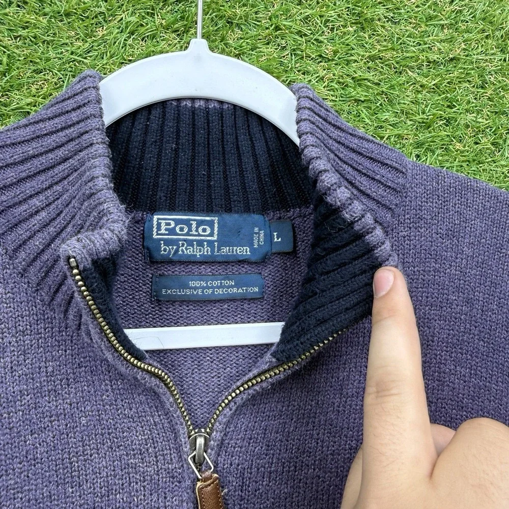 Polo Ralph Lauren Sweater Mens Large Purple 1/4 Zip Mock Neck Cotton Pullover